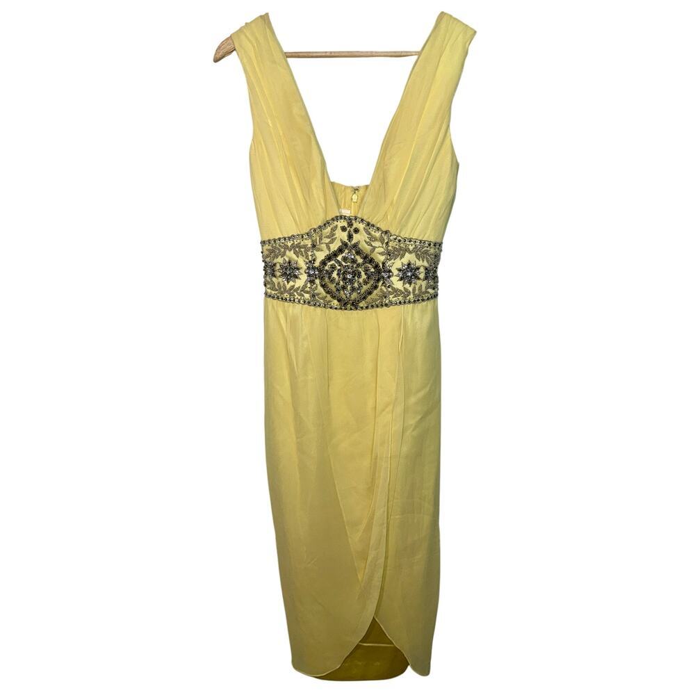 NWT Mandalay Yellow Silk Beaded Embellished Midi Gown Evening Dress Women Size 4